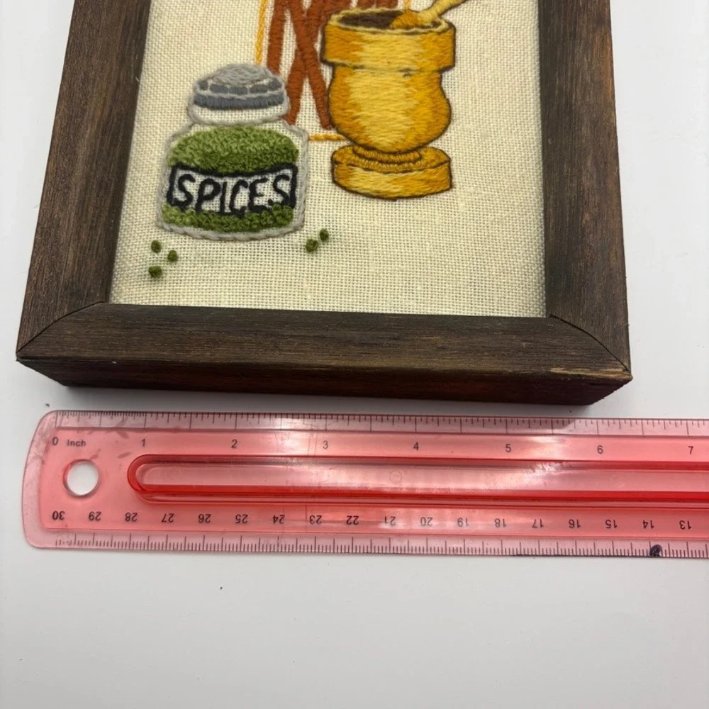Vintage 1975 Hand Embroidered Crewelwork Kitchen Spice Wall Art Framed  6.5x8.5